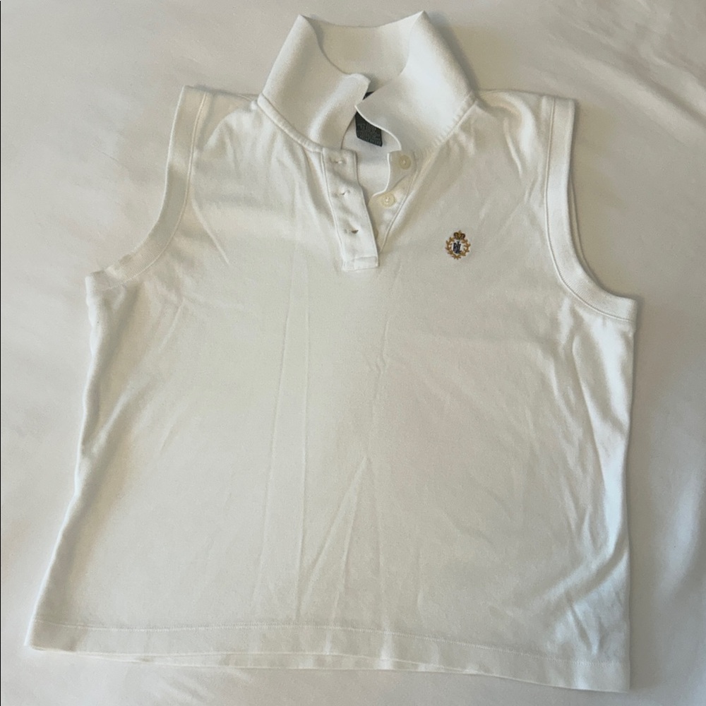 White Sleeveless Polo Top with Embroidered Crest - Brand: